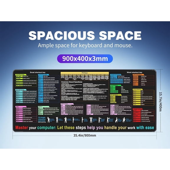 UYUIOIF-Excel Cheat Sheet Desk padContains 12 Types of Common Skills in Excel and Word|Large XL Size35.45 * 15.75 inch|Desk mat for Keyboard and Mouse|WorkStudyGaming Mouse pad|WaterproofAnti-S