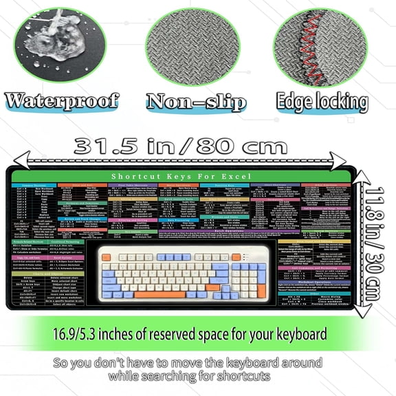 UYUIOIF-Excel Cheat Sheet Desk pad with Keyboard Area  150+ Excel Shortcuts Mouse Pad for Home, Work, Gaming, PC & Computer  Non-Slip, Waterproof  31.5" x 11.8"