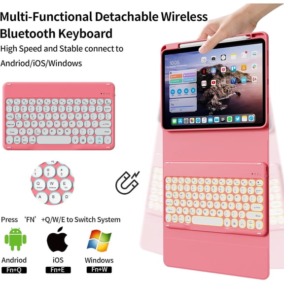UYUIOIF-Keyboard Case for iPad (A16) 11th 11-Inch / 10th 10.9-Inch Generation(2025/2022) with Pencil Holder- 7 Colors Backlit Rechargeable Wireless Detachable Folio Bluetooth Keyboard Cover, Hot Pink