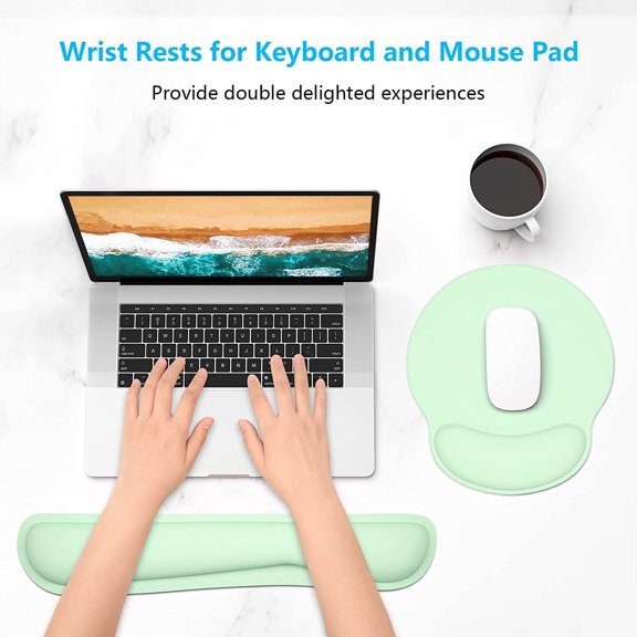 UYUIOIF-Keyboard Wrist Rest and Mouse Pad with Wrist Support, Memory Foam Cushion for Keyboard and Mouse Set, Ergonomic Desktop Pad Rests with Non Slip Base for Easy Typing & Pain Relief, Lake Green