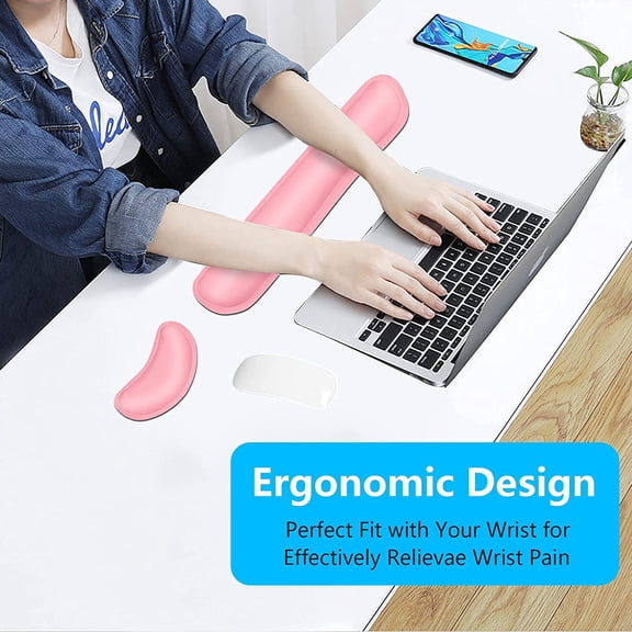 UYUIOIF-Keyboard Wrist Rest Set, Cute PU Leather Wrist Cushion for Computer Keyboard and Mousepad, Memory Foam Mouse Pad Rests Support with Non-Slip Base for Typing Pain Relief, Laptop, Pink