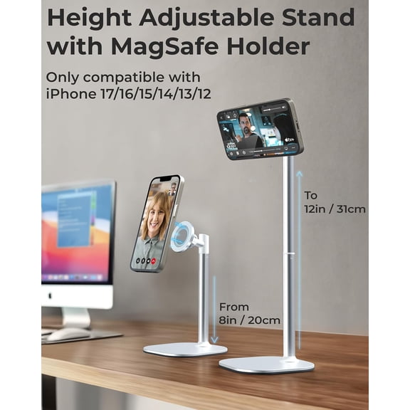 UYUIOIF-MagStand, Adjustable Magnetic iPhone Stand for Desk & Phone Holder for Video Recording, Compatible with MagSafe, Stand for iPhone 17 Pro Max, 16/15/14/13/12, Small Mag Safe Tripod (White)