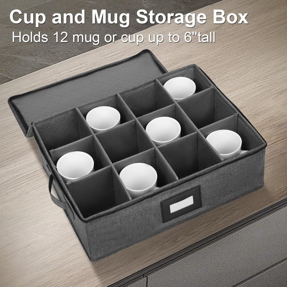 UYUIOIF-Mug Storage Box with Dividers, China Cup Storage Containers for Tea Cups and Coffee Mugs with Zipper Lid and Rivet Reinforced Handles, Hard Shell and Stackable (Black)