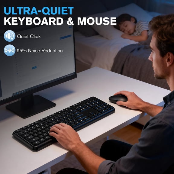 UYUIOIF-Wireless Keyboard and Mouse Combo, Full Size Silent Keyboard and Mouse, Adjustable 1600 DPI, 12 Multimedia Shortcuts, 2.4GHz Wireless Connection, Type-C Adapter for Computer Laptop Windows PC
