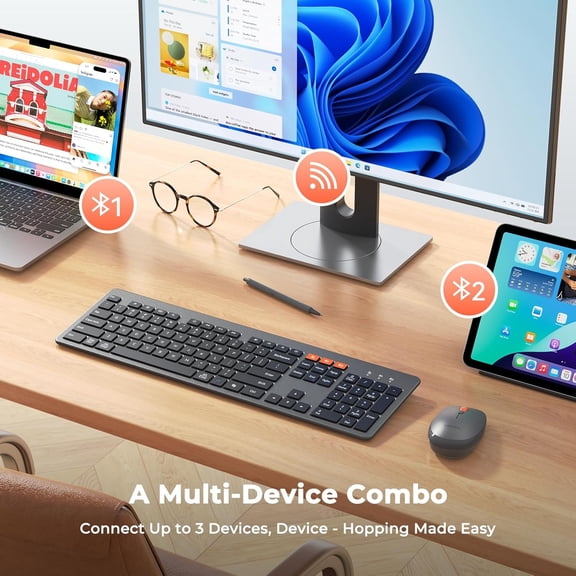 UYUIOIF-Wireless Keyboard and Mouse, Ultra Slim Multi-Device Bluetooth Keyboard Mouse, Low-Profile Full Size Keyboard, 1200-3200 DPI Mice, for Computer PC Laptop Tablet iPad, Windows/Mac/iOS