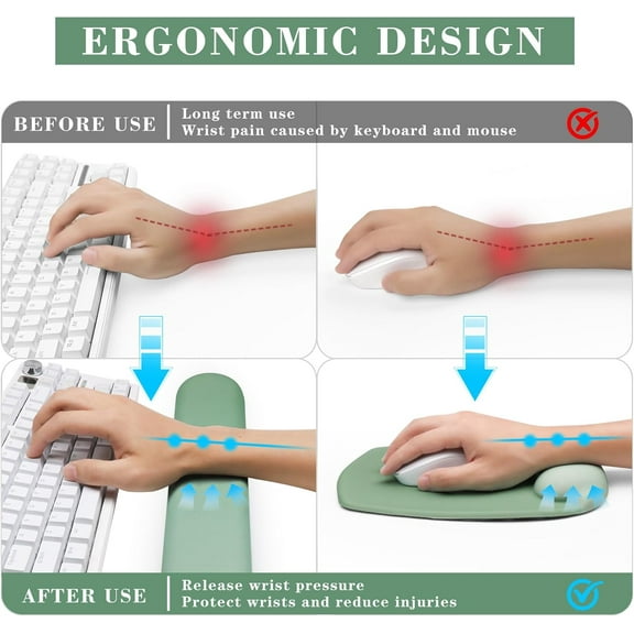 UYUIOIF-Wrist Rest for Keyboard and Mouse, Ergonomic Gel Computer Keyboard Wrist Rest with Memory Foam, Keyboard Wrist Support Pad for Long Hours of Work, Gaming, Studying-Relieve Wrist Pain (GD-Gree