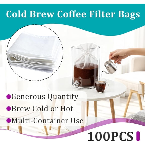 UYWGF-100 Pcs Cold Brew Coffee Filter Bags with Drawstring Compatible with Toddy Cold Brew System - 12" x 14" Disposable Fine Mesh Brewing Bags for Cold Brew Coffee or Iced Tea