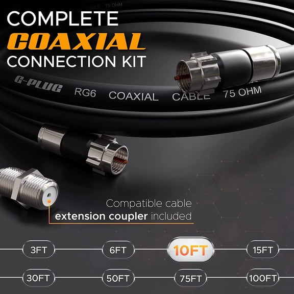 UYWGF-10FT RG6 Coaxial Cable Connectors Set- High-Speed Internet, Broadband and Digital TV Aerial, Satellite Sky Cable Extension - Weather-Sealed Double Rubber O-Ring and Compression Connectors Black