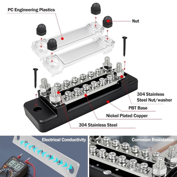 UYWGF-150A Double-Row Busbar Power Distribution Block 12V Bus Bar with Ring Terminals, 304 Stainless Steel Marine Terminal Block and Ground Buss Bar Kit, 4 x M6 Stud, 12 x M4 Screw