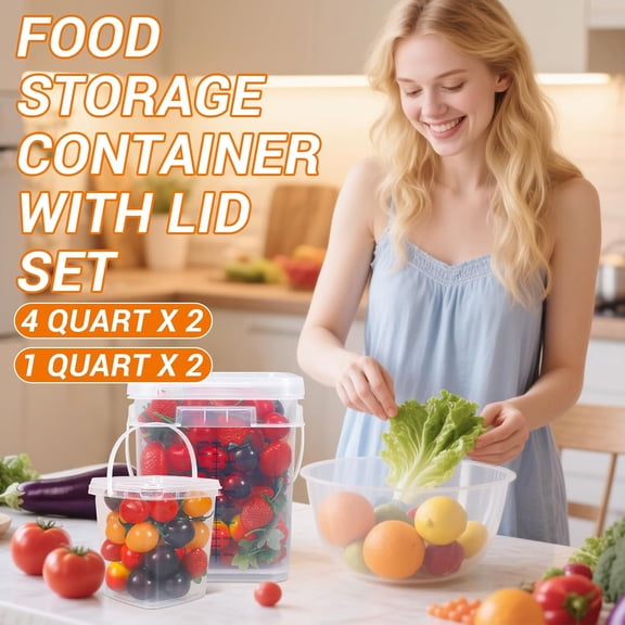 UYWGF-1Gal Clear Square Bucket with Airtight Lids, BPA-Free Food Storage Container for Kitchen Pantry, Meal Prep, Snack, Rice, Flour, Pet Food - Transparent Bucket with Scale Marks (2x4 Qt, 2x1 Qt)