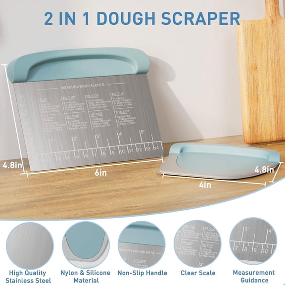 UYWGF-2 IN 1 Upgrade Bench Scraper, Dough Scraper for Pastry Bread Cake Pizza, Stainless Steel Dough Cutter with Conversion Chart & Measuring Scale, Bowl Scraper Food Scraper for Kitchen Baking, Blue
