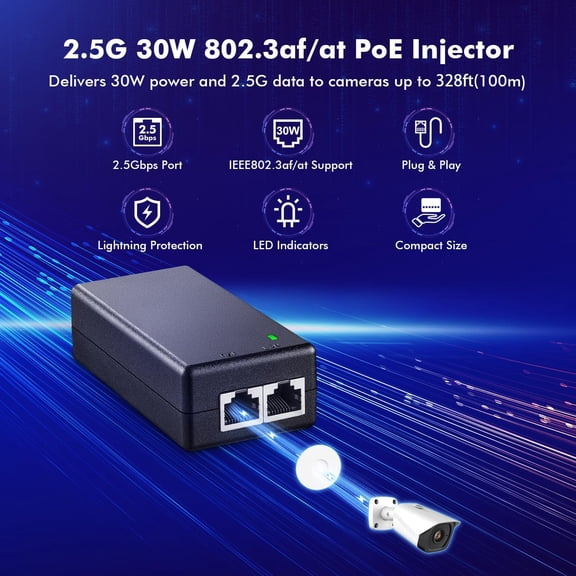 UYWGF-2.5 Gigabit PoE Injector, 802.3af/at 30W, 2.5G/1G/100M Ethernet, Plug & Play, Non-PoE to PoE Adapter, Distance Up to 100 Meters (328 ft.)