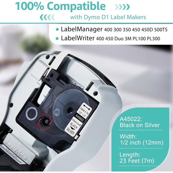 UYWGF-2 Pack 12mm Black on Silver Label Tape Compatible for Dymo D1 Label Maker Refills 45022 1/2" Refill for LabelManager PnP 160 260P 210D 280 360D 420P 450 450D ColorPop Label Printers