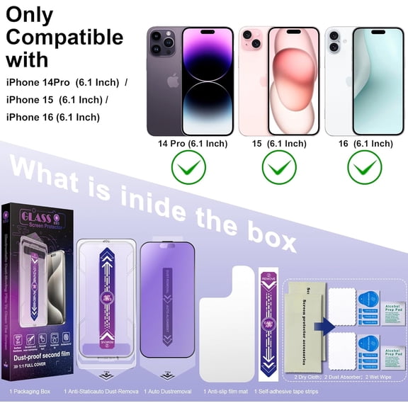 UYWGF-2 Pack Anti Blue Light Matte Screen Protector for iPhone 16 and iPhone 15 and iPhone 14 Pro 6.1-Inch Auto Dust Removal, No Bubbles, Tempered Glass Film, Easy Installation
