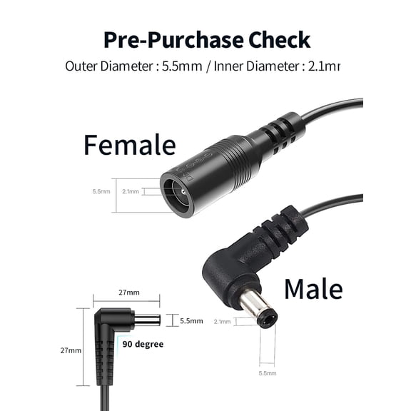 UYWGF-2 Pack DC Power Extension Cable 1M 3.3FT 5.5mm x 2.1mm 90 Degree Right Angle Female to DC Male Power Adapter Cord for CCTV Security Camera Surveillance LED DVR NVR Router Guitar Effect Pedal