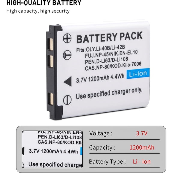 UYWGF-2 Pack EN-EL10 NP-45A NP-45B NP-45S Li-40B Li-42B Battery with Dual Charger for Nikon Coolpix S60,S80,S200,S205,S220,S230,S500,for Fuji FinePix XP140 XP130 XP120 XP90 Digital Cameras