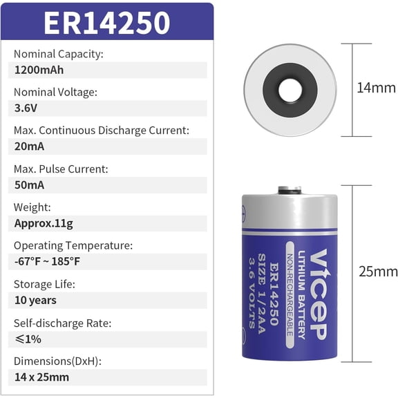 UYWGF-2-Pack ER14250 3.6V 1/2AA Lithium Battery LS14250 Li-SOCL 1200mAh for Home Security System, Movement Monitor, Dog Collar, Meter Reading System, Non-Rechargeable