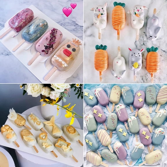 UYWGF-2 Pack Popsicles Molds Set, Silicone 4 Cavities Oval Popsicle Cake Pop Molds for Homemade Cakesicles, with 50 Wooden Popsicle Sticks & Bags