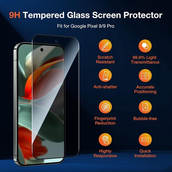 UYWGF-2 Pack Privacy Tempered Glass Screen Protector for Google Pixel 9/9 Pro, Anti Spy Private 9H Hardness Anti-Scratch Shatterproof Protective Film, Anti-Scratch Protection, Fingerprint Unlock