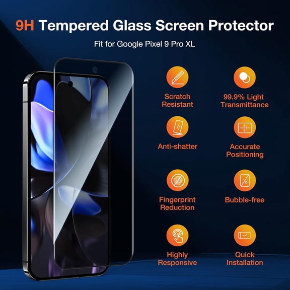 UYWGF-2 Pack Privacy Tempered Glass Screen Protector for Google Pixel 9 Pro XL, Anti Spy Private 9H Hardness Shatterproof Protective Film, Anti-Scratch Protection, Fingerprint Reader Unlock