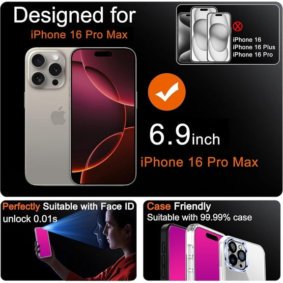 UYWGF-2 Pack for iPhone 16 Pro Max Privacy Screen Protector Tempered Glass for iPhone16 ProMax Anti-Spy Film Anti-Blue Light with Installation Frame No Bubble (6.9 inch Pink)