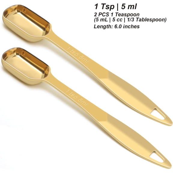 UYWGF-2 Pcs 1 Teaspoon(5 mL | 1 Tsp | 1/3 Tbsp | 5 cc | 1/6 oz) Stainless Steel Single Measuring Spoon, Long Handle Metal Measuring Spoon, Kitchen Gadgets for Cooking & Baking(Gold)