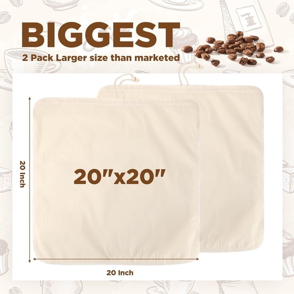 UYWGF-2 Pcs 20 x 20 Inch Large Reusable Cold Brew Coffee Bag Reusable Organic Cotton Cold Brew Filter Bags Washable Coffee Filter Pouch with Easy Open Drawstring Pitchers 5 Gallon Systems up to 5 LBS