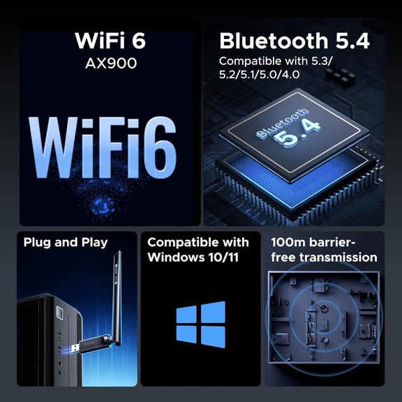 UYWGF-2-in-1 USB Bluetooth WiFi Adapter, AX900 + Bluetooth 5.4 WiFi 6 Adapter for Desktop PC with 5GHz/2.4GHz Dual Band, 6dBi High Gain Antenna, Built-in Driver for Windows 10/11