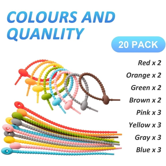 UYWGF-20 Pack Reusable Silicone Cable Ties, 8 Inch Twist Straps for Cord Management, Charging Cables, Kitchen Bags Organization, Flexible Rubber Zip Ties (Multicolor)
