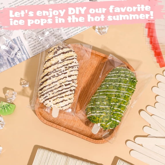 UYWGF-200 Pcs Ice Pop Bags and Popsicle Sticks, Cakesicle Bags and Wooden Sticks, Clear Self-adhesive Cake Pop Bag and Popsicle Stick for Candy, Chocolate Cookie, Family Gathering Party