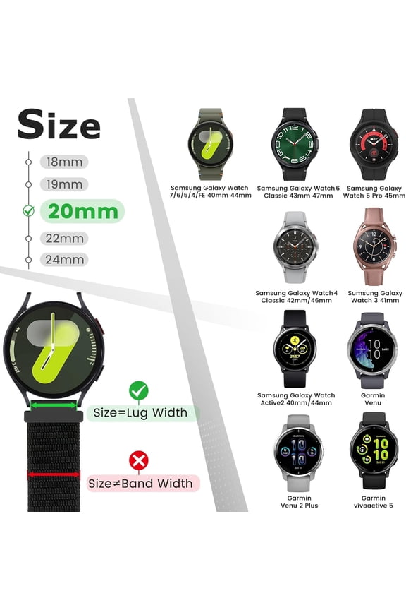 -20mm Nylon Quick Release Band Compatible with Samsung Galaxy Watch 7 6 5 4 40mm 44mm/Garmin Vvoactive 6/5/3/3 Music/Forerunner 570 42mm/55/158/165/245/645/Amazift Active 2/Active/T-Rex 3 Pro 4