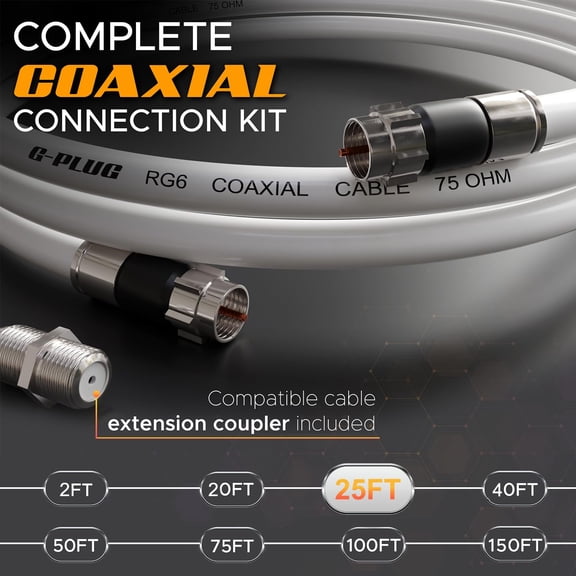 UYWGF-25FT RG6 Coaxial Cable Connectors Set - High-Speed Internet, Broadband and Digital TV Aerial, Satellite Sky Cable Extension- Weather-Sealed Double Rubber O-Ring and Compression Connectors White