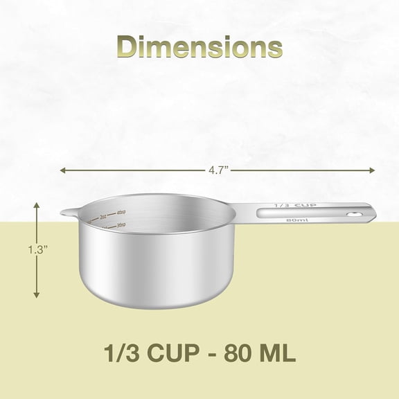 UYWGF-2PCS 1/3Cup (80ml, 2.6oz) Single Measuring Cup, Etched Inner Scale Stainless Steel Measure Scoop, Metric and US Measurement, Dishwasher Safe