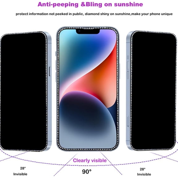 UYWGF-2PCS Glitter Privacy Screen Protector - Anti-spy Diamond Bling Shiny Shine on Night Sparkling Tempered Glass Suit for iPhone 13/13 Pro/14 6.1 Inch