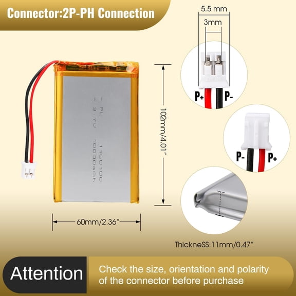 UYWGF-3.7V 10000mAh 1160100 Lithium Polymer Rechargeable Battery Pack with PH2.0 Plug and Protection Board for Raspberry Pi UPS and DIY Projects