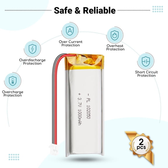 UYWGF-3.7V 1000mAh Rechargeable LiPo Battery, 102050 Lithium Polymer Battery Pack with PCM Protection, Micro JST 1.25mm 2-Pin Connector for ESP32, Arduino, NodeMCU, RC Drone (2 Pack)