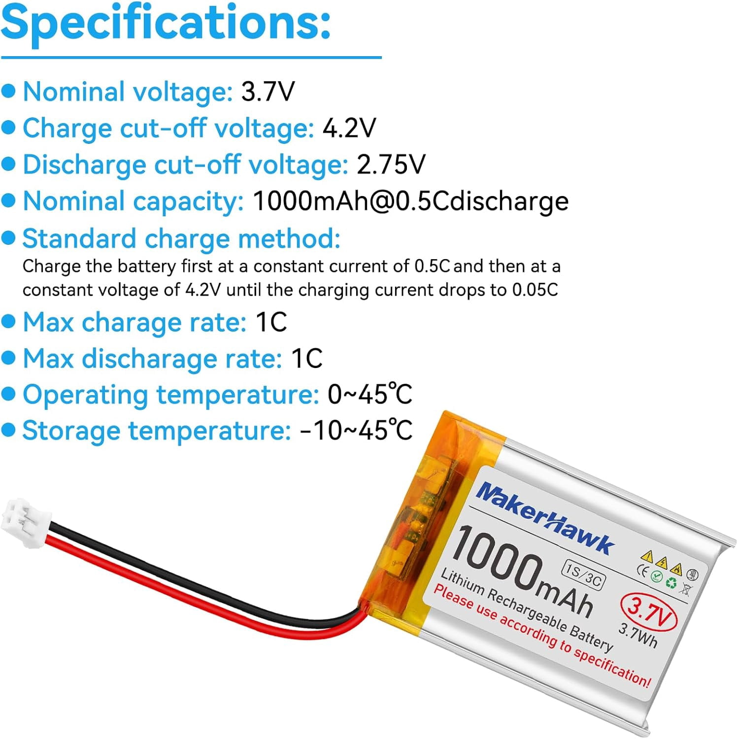 UYWGF-3.7V Lipo Battery 1000mAh Rechargeable Lithium Polymer Battery 803040 Micro Ph1.25 Connector Integrated Protection Circuit with USB Cable for Electronic Device