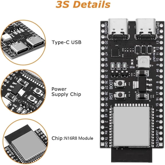 UYWGF-3 PCS ESP ESP-32-S3 Development Board ESP-32-S3 Module with ESP-1-N16R8 Low Power MCU with Dual-Mode Wi-Fi and Bluetooth Type-C Connector Compatible with Arduino