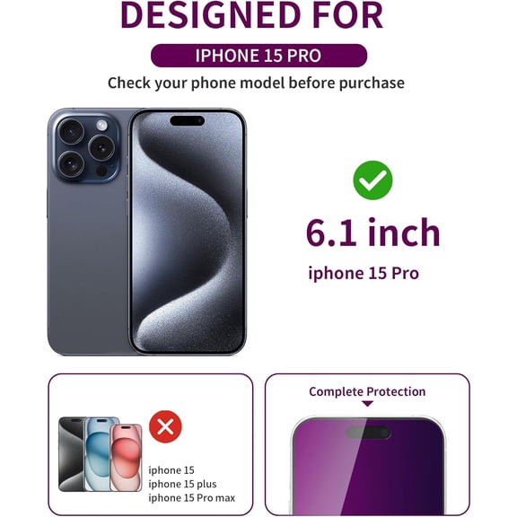UYWGF-3 Pack Privacy Screen Protector for iPhone 15 Pro Tempered Glass 6.1inch Private Saver Anti-Spy Eye Protection Anti-Scratch Full Coverage