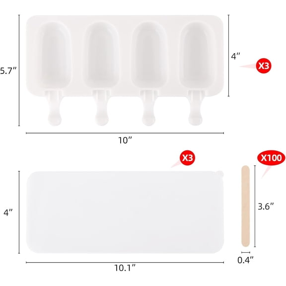 UYWGF-3 Set Popsicles Molds with Lids and 100 Pcs Wooden Popsicles Sticks, Standard Size 4 Cavities Silicone Ice Pop Molds for Making Cakesicles, Cake Pops, Ice Cream - BPA Free