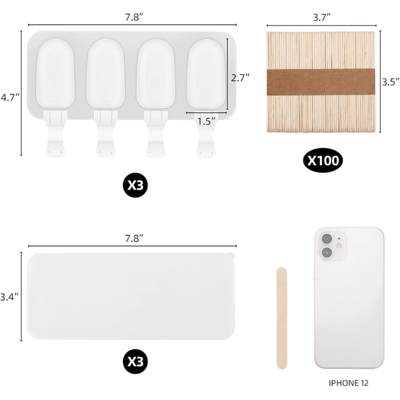 UYWGF-3 Set Small Popsicles Molds with Lids and 100 Pieces Wooden Popsicles Sticks, 4 Cavities Silicone Ice Cream Molds for Making Cakesicles, Cake Pops, Ice Cream - BPA Free