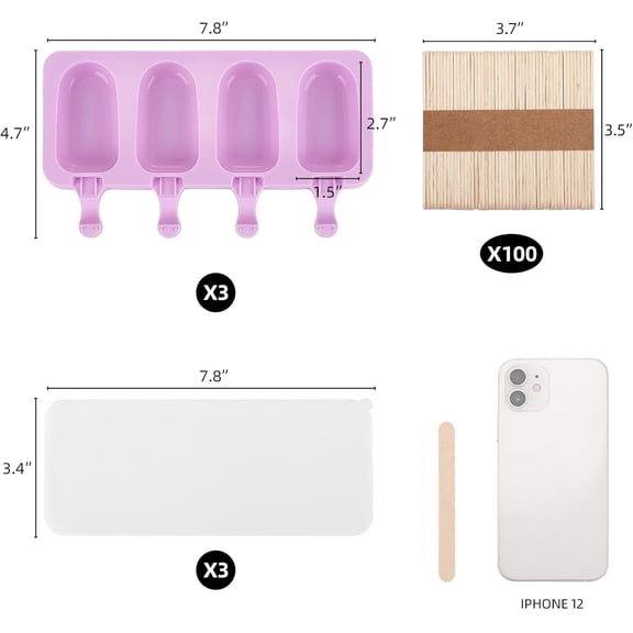 UYWGF-3 Set Violet Samll Popsicles Molds with Lids and 100 Pieces Wooden Popsicles Sticks, 4 Cavities Silicone Ice Cream Molds for Making Cakesicles, Cake Pops, Ice Cream - BPA Free