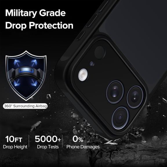 UYWGF-3-in-1 Case for iPhone 17 Pro 6.3" 2025 with 2 Pack Tempered Glass Screen Protector [Military Grade Protection], Frosted Translucent Back for iPhone 17 Pro Cover- Black