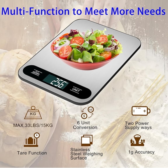 UYWGF-33lb/15kg Digital Kitchen Scale, 1g/0.1oz Food Scale, Weight Grams and Ounces for Baking Cooking and Meal Prep, 6 Units with Tare Function, LCD Display,Stainless Steel Platform,USB Rechargeable