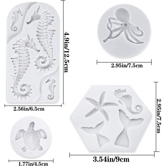 UYWGF-4 PCS Marine Theme Fondant Silicone Mold Hippocampus Turtle octopus Shape DIY Handmade Baking Tools, For Theme Cake Cookie Chocolate Candy Decoration Fondant Polymer Clay