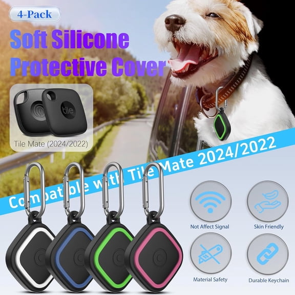 UYWGF-4-Pack Compatible for Tile Mate Case 2024, Soft Silicone Shockproof Protective Cover for Tile Life360 Mate Tracker Anti-Slip Tlie Mate Holder with Key Ring for Keys,Bag,Pets(White/Blue/Green/Ro
