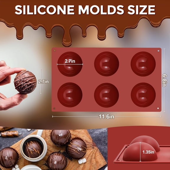 UYWGF-6 Holes Silicone Hot Chocolate Bomb Molds, 2 Packs Large Semi Sphere Mold 2.7" Half Sphere Silicone Baking Molds for Making Chocolate, Cake, Jelly, Dome Mousse