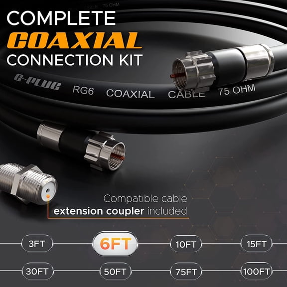 UYWGF-6FT RG6 Coaxial Cable Connectors Set - High-Speed Internet, Broadband and Digital TV Aerial, Satellite Sky Cable Extension - Weather-Sealed Double Rubber O-Ring and Compression Connectors Black