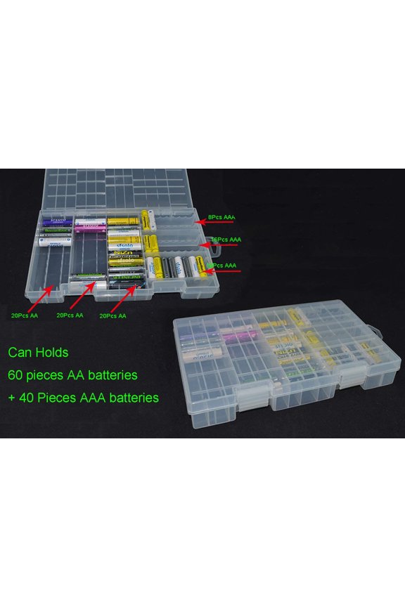 -AA AAA Battery Storage Box Organizer Holder Clear Plastic Case Container Portable-Holds 60xAA + 40AAA Batteries