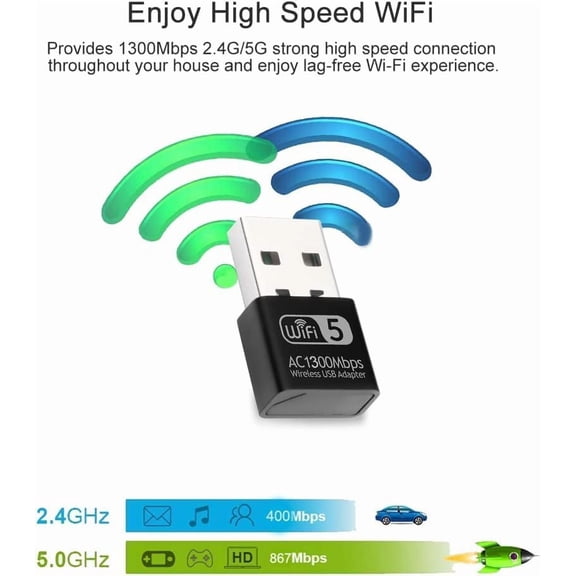 UYWGF-AC1300 USB WiFi Adapter, 2.4G/5G Dual Band Wireless Network Adapter for Desktop WiFi Dongle USB 3.0, Tiny Size Wirelss Receiver for PC Support Windows 11/10/8.1/8/7/XP, Mac OS 10.9-10.15